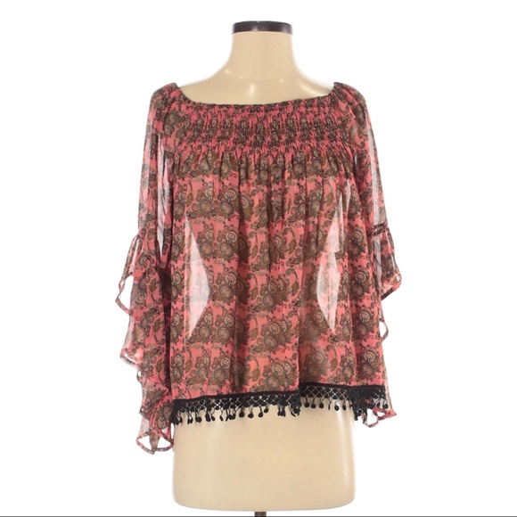VVNVVN Blouse Bohemian Sheer Fringe Peach Pink Size Small - Picture 1 of 14